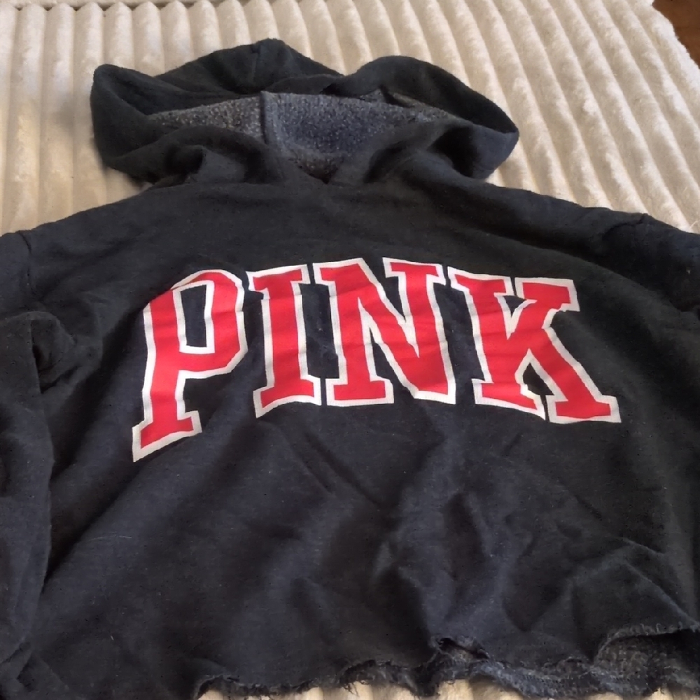 PINK Victoria's Secret Black Crop Hoodie with Red Logo